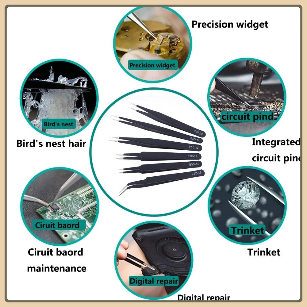 6Pcs Anti-static ESD Stainless Steel Tweezers Maintenance Tool Industrial Precision Curved Straight Tweezers Repair Tools Set
