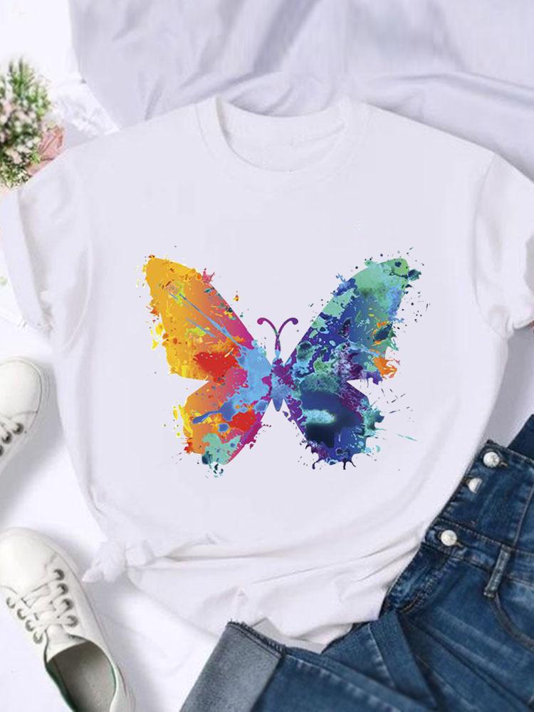 Kortärmade T-shirts Dam T-shirt Tryck Sommar Tecknad Fjäril Trend Söt Skjorta Dam Grafisk T Topp T-shirt Mode Kläder