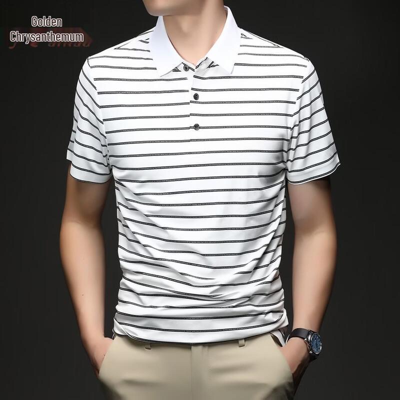 Men s Ice Silk Breathable Striped Short Sleeve Polo Shirt 56