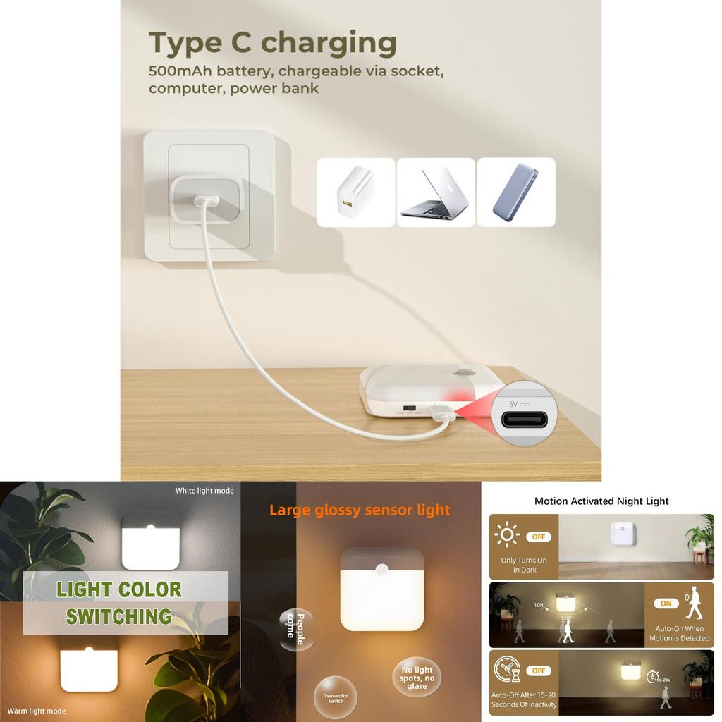 Typec Rechargeable Night Light With Infrared Sensing And Smart Control For Bedside Use
