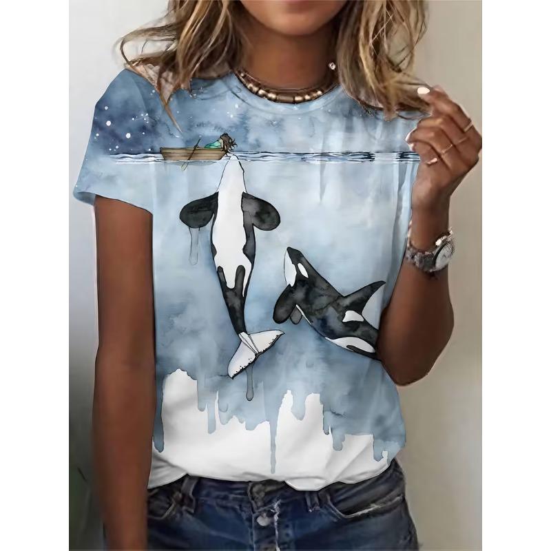 

New fashion style - Printed whale pattern women s top. Printed short-sleeved women s T-shirt. 3D effect. XL