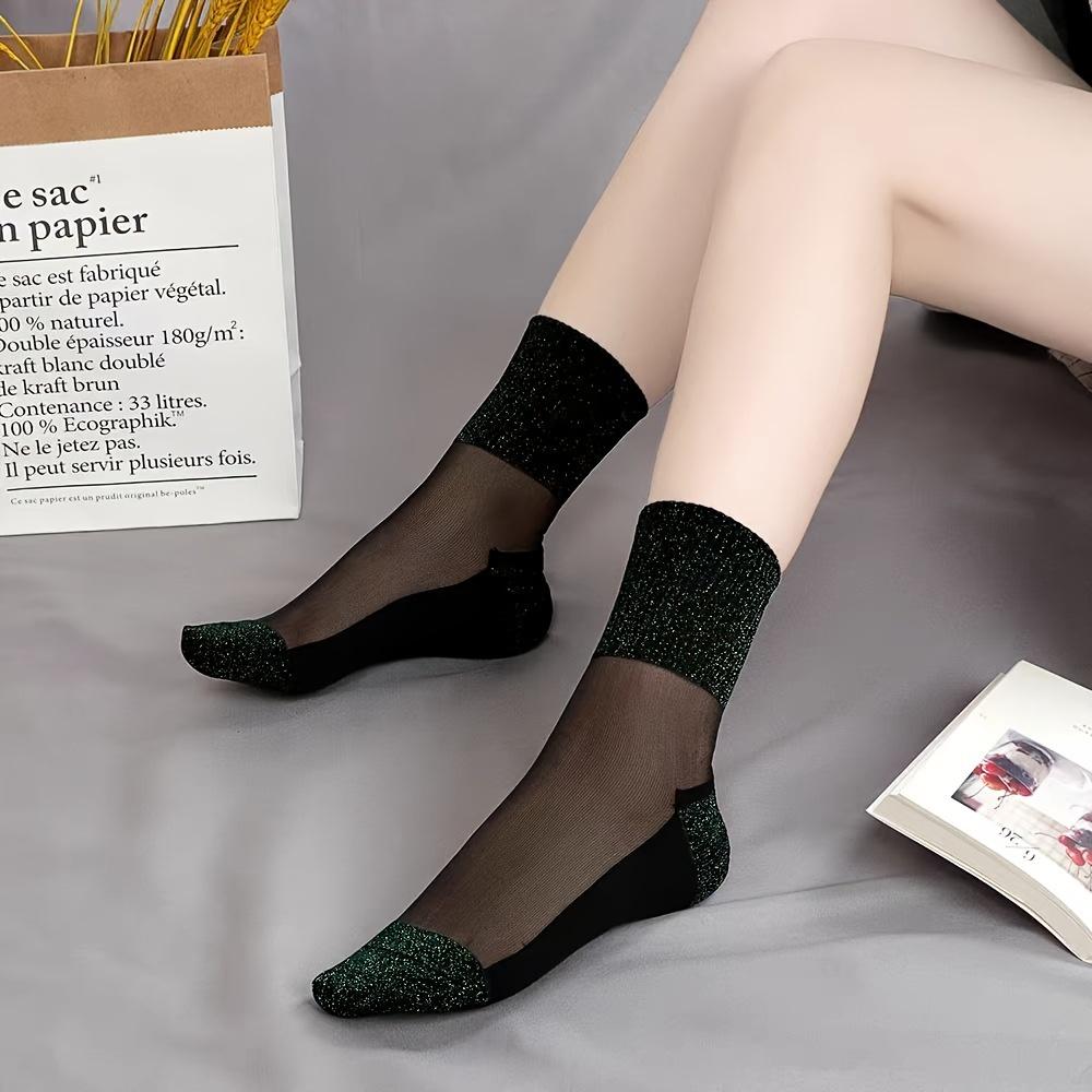 1 Pair Green Shiny Detail Socks, Colorblock Sheer Mesh Mid Tube Socks, Women'S Stockings & Hosier
