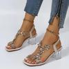 Léto Ženy Sandály PVC Crystal Květinová dekorace Robustní podpatek Peep Toe Zadní pásek Pružný pásek Elegantní Módní Boty Dámské