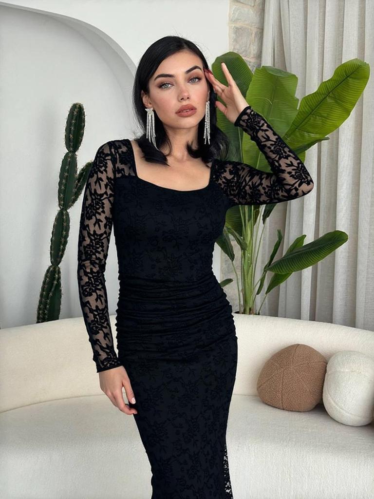 Autumn Winter Women's Elegant Lace Square Neck Pleated Long Dress