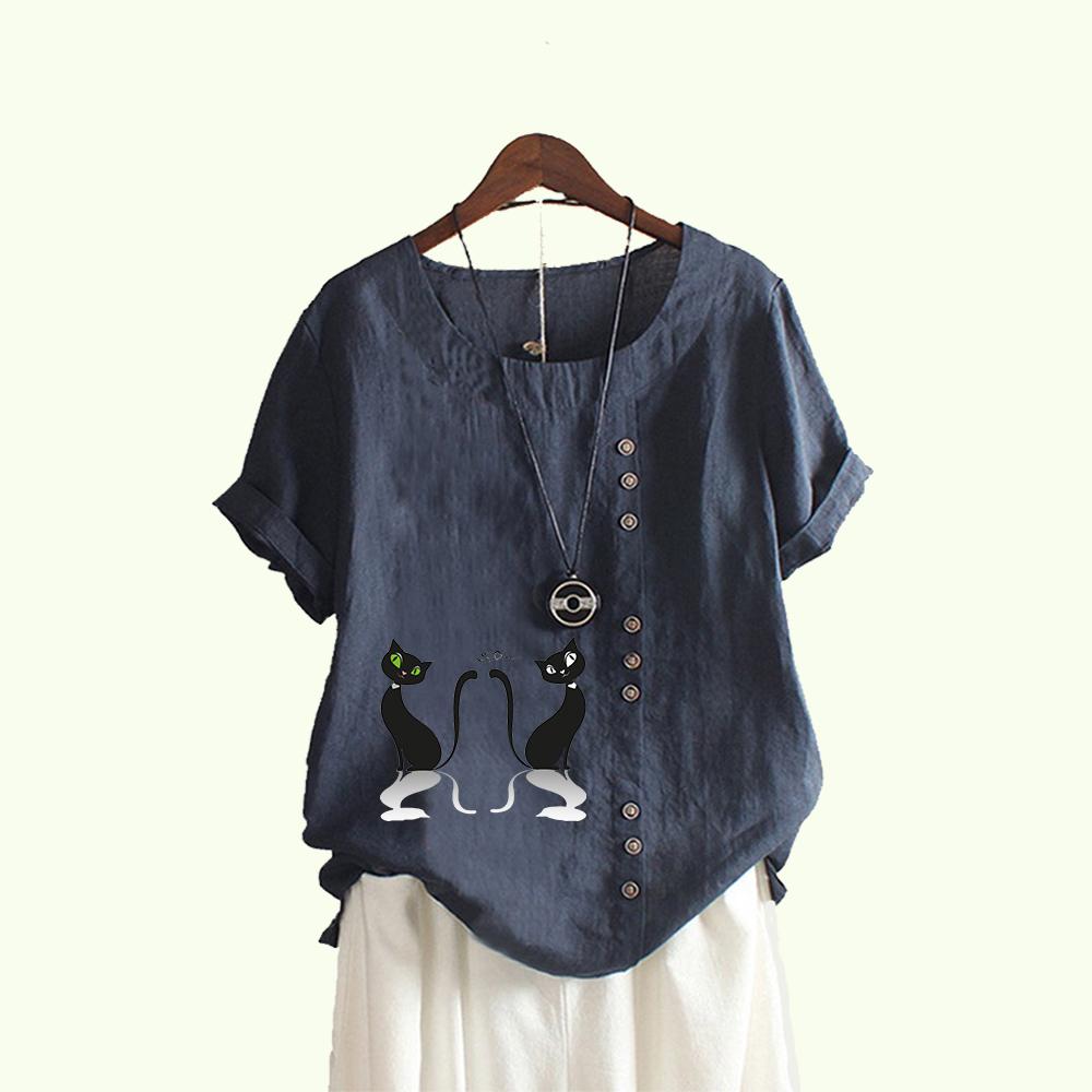 Women Fashion Cat Print Short Sleeve Blouses Summer Casual Round Collar Pullover Loose Cotton Linen T-shirt