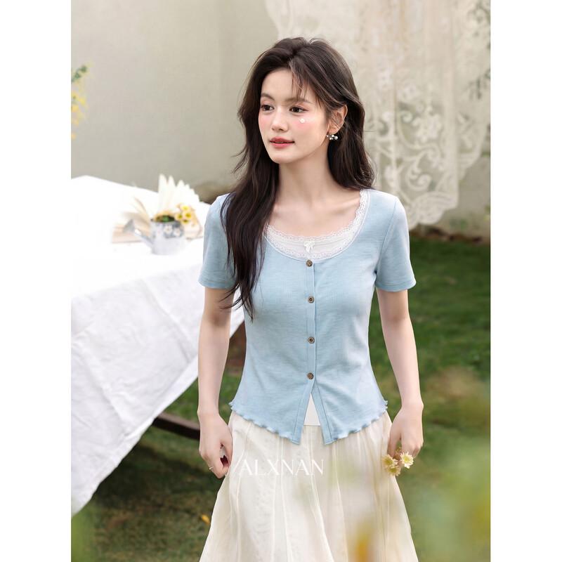 Women s French Style Faux Two-Piece Short-Sleeve T-Shirt S