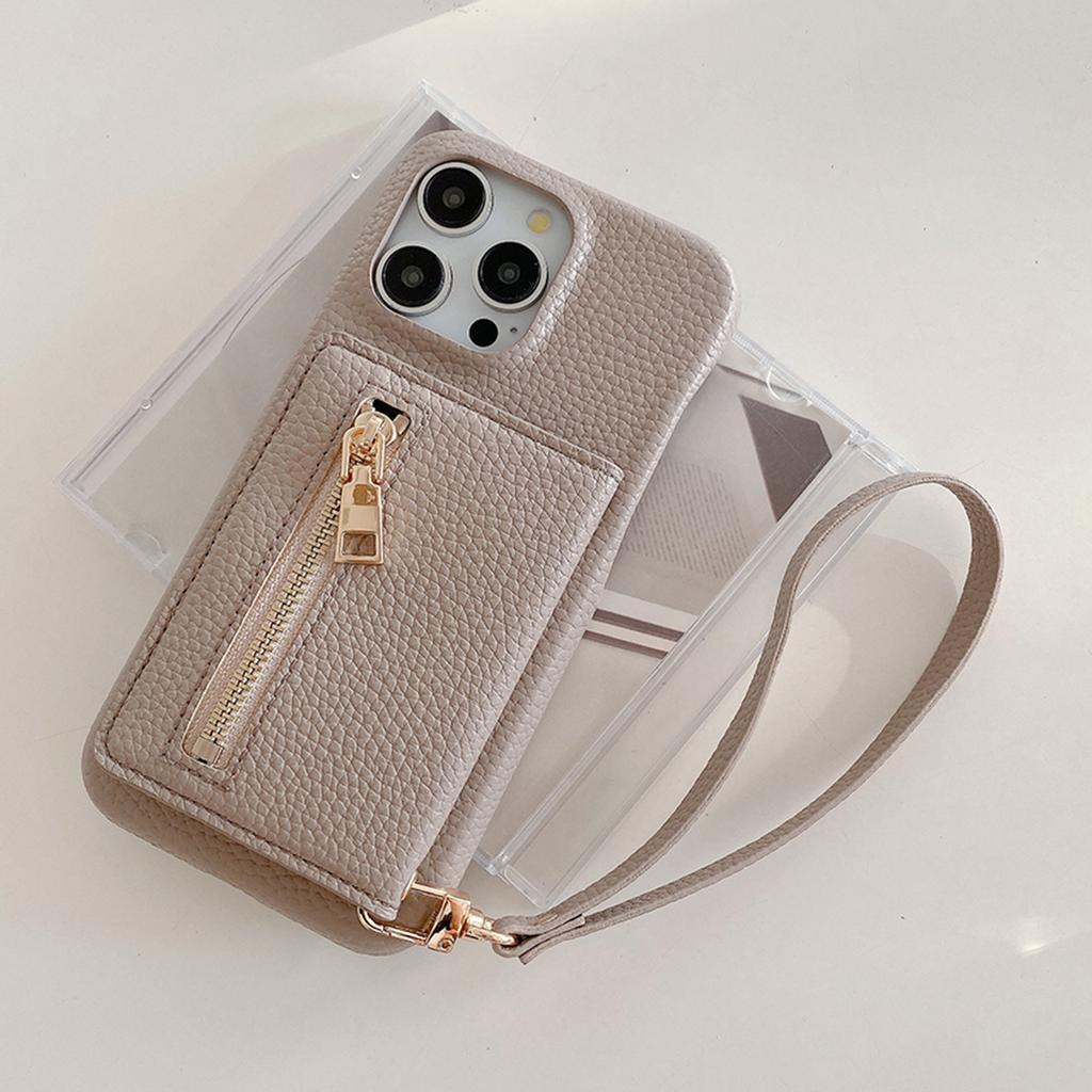 For iPhone 15 Pro Case Card Slots Kickstand PU Leather Back Cover with Zipper Pocket,Wrist Strap