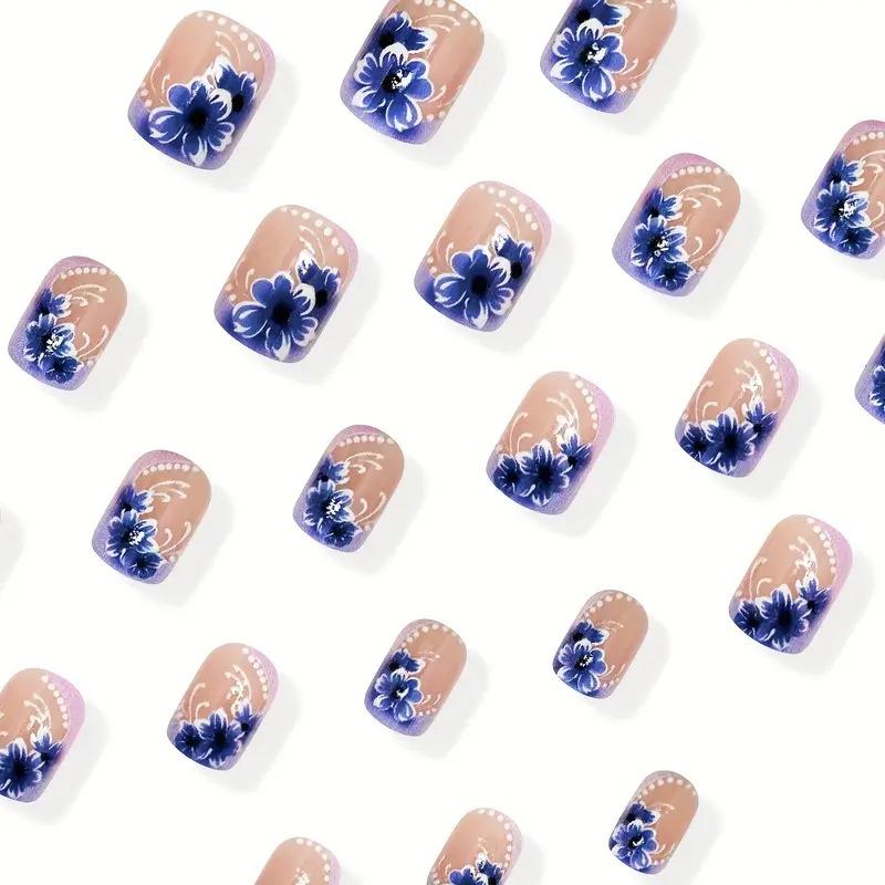 Purple French Floral Style Wearable Nails - 24 Removable Pieces