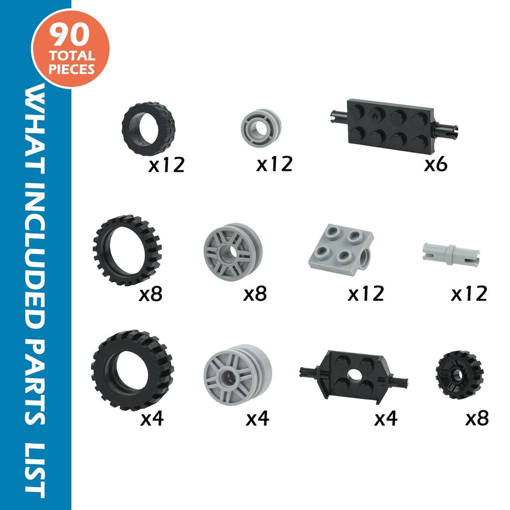 Wheel and Axle Building Block Parts Set, Vehicle Truck Tires, Compatible with Classic Building Block Cars (90 Pieces)
