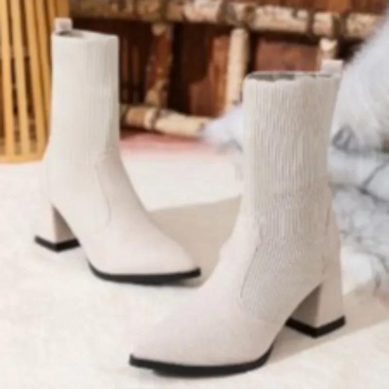 

Обувь женская мода зимние леопардовый узор вязаные женские сапоги замшевые с острым носком толстый высокий каблук элегантные короткие сапоги Zapatos 42 покинуть белый