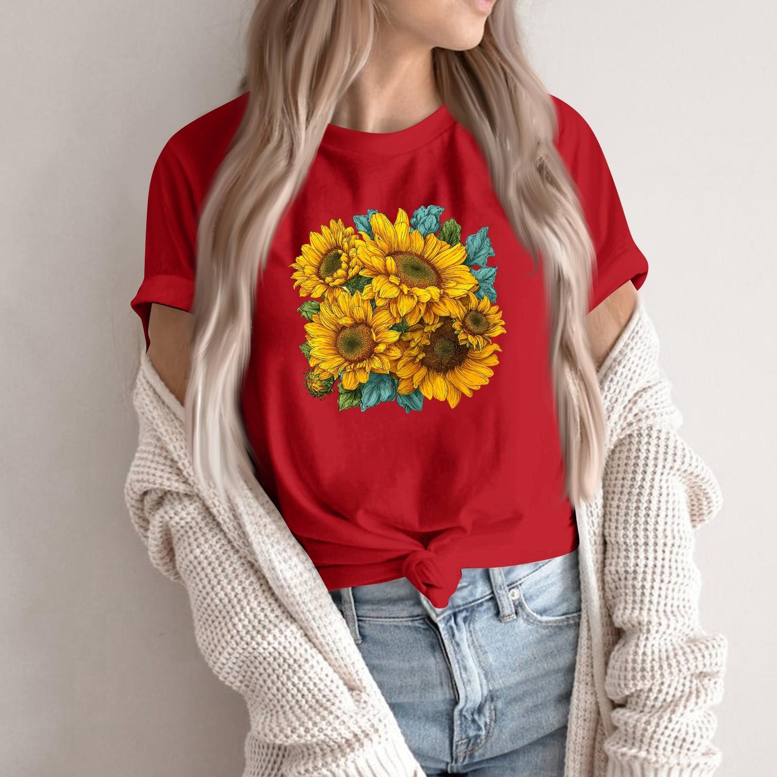 

Women s Fashion Casual Printed Round Neck Short Sleeved Pullover T-Shirt Top XL червоний