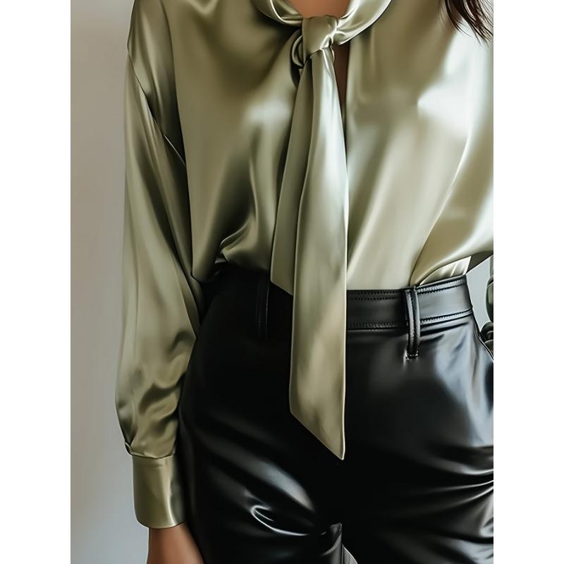 Nouvelle chemise satinée élégante et à la mode, couleur unie, à lacets, à manches longues, pour femmes
