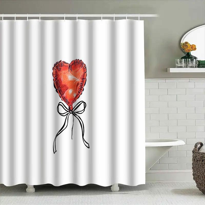 Romantic Red Heart Bow Shower Curtain Set Waterproof Bathroom Decor Vintage Floral Pattern Backdrop Washable Liner