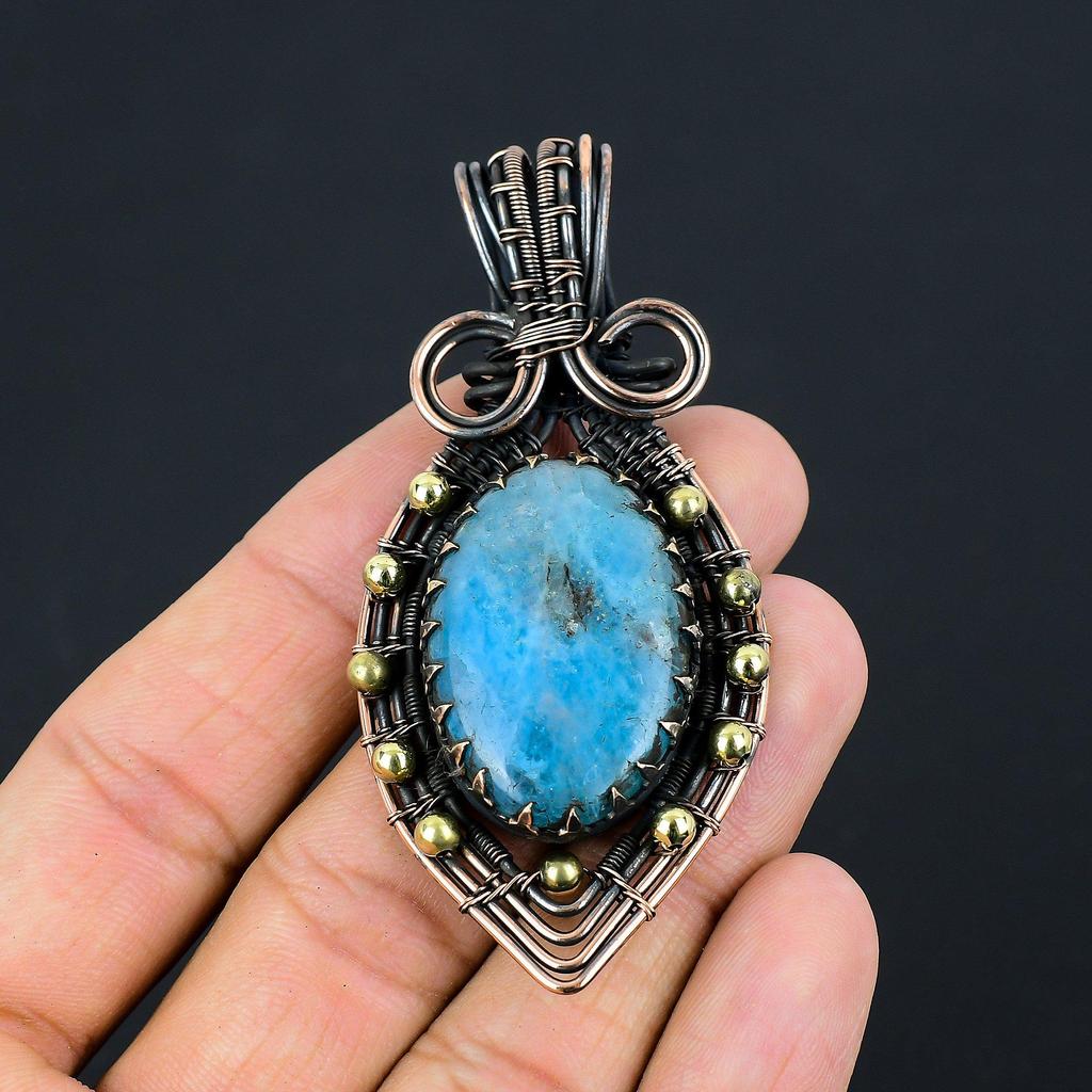 Neon Blue Apatite Gemstone Pure Copper Wire Wrapped Handmade Pendant Jewelry For Gift