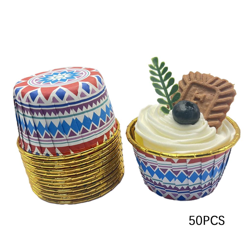 50pcs Bohemian-Print Muffin Cups Aluminium Foil Cupcake Cases Heat Resistant Baking Cup Disposable Cake Pan For Home Kitchen