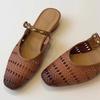 New temperament woven hollow sandals flat bottom round head with slippers outer wear bag head half slippers