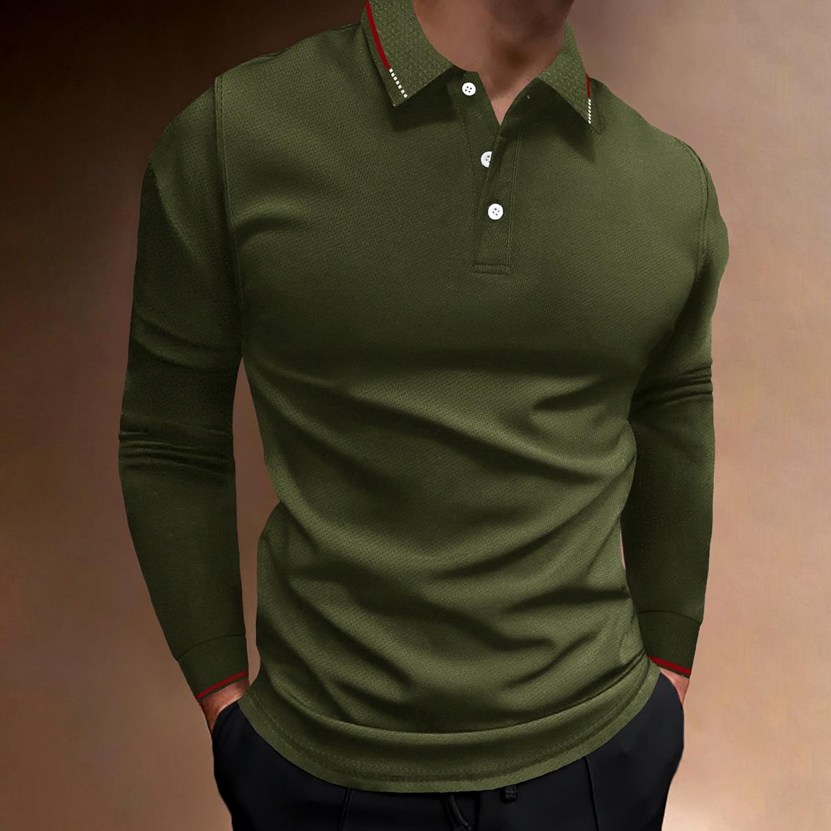 

Модна чоловіча преміальна сорочка-поло з довгим рукавом однотонна з лацканом топ весняно-осінній одяг S армія зелений колір