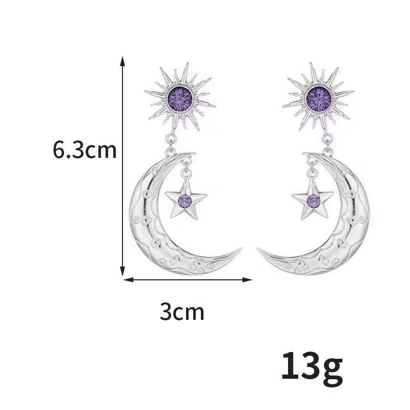 Star and Moon Rhinestone-Inlaid Earrings with Purple Gemstones