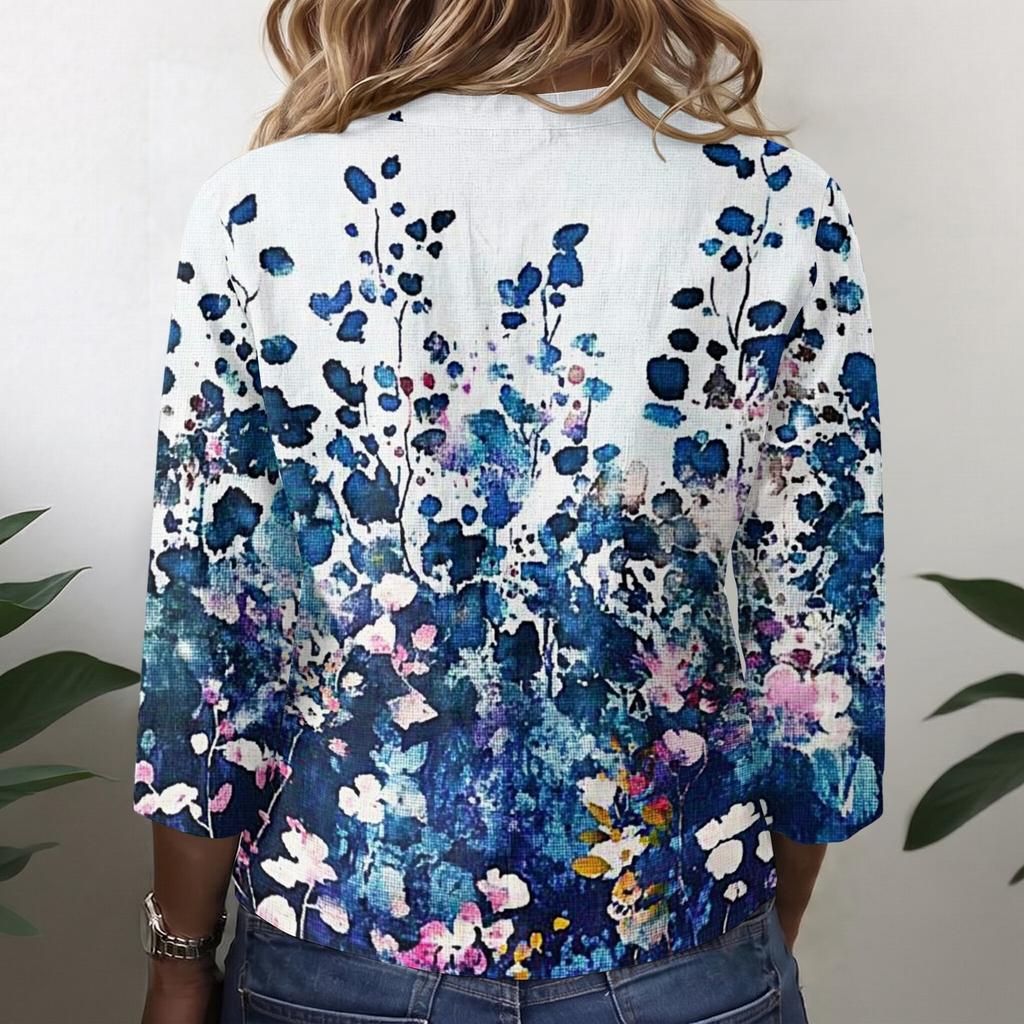 Women Vintage Floral Print Henley Button Neck Shirt Three Quarter Sleeve Linen Cotton Blouse Casual Loose Fit Top for Everyday Wear