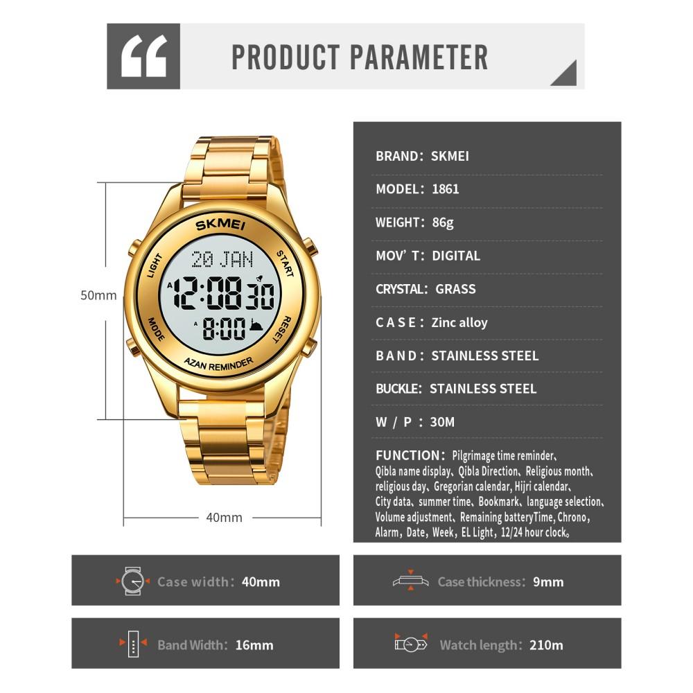 SKMEI New Stainless Steel Muslim Azan Men Watch for Prayer with Qibla Compass Adhan Alarm Hijri Islamic Wristwatch Montre Homme
