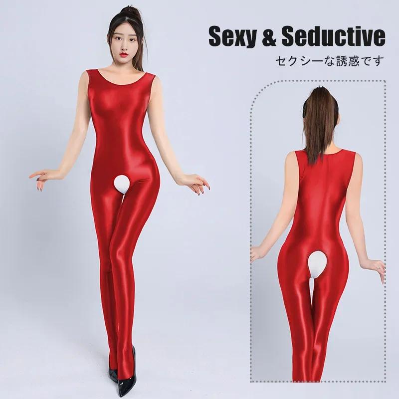 Sexy Shiny Glossy Backless Bodysuit Women'S Crotchless Sleeveless Jumpsuit Satin Smooth Tights One Piece Leotard Catsuit Ootd