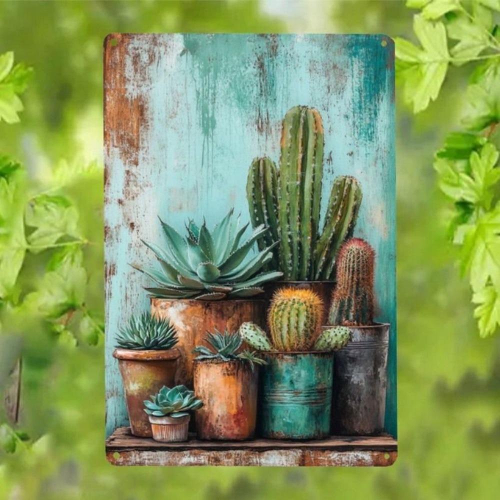 Tin Sign Vintage Cactus Wall Decor 12x8 inch Rustic Metal Poster for Farmhouse Indoor