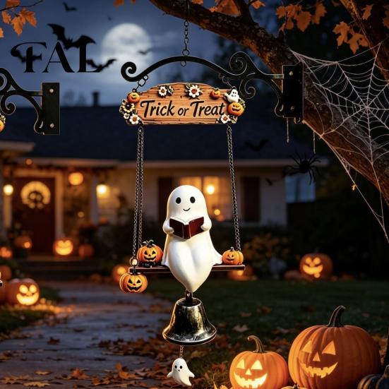 Rustikales Wandmontiertes Glöckchen Geister-Windspiel Hängend, Halloween Veranda Hof Dekoration mit Harz Metallglocke, Außendekoration Vintage Bauernhaus Ornament für