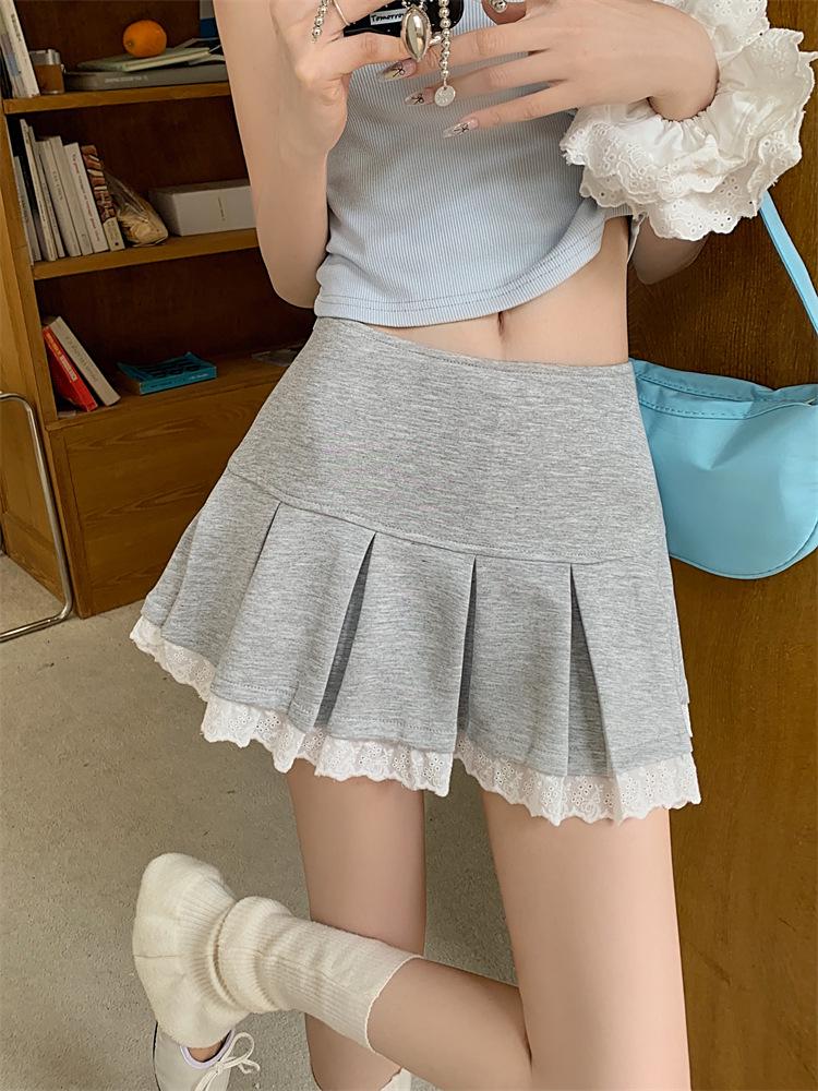 Gray High-Waisted Pleated Lace Mini Skirt - Women's Ballet Style, Summer A-Line, Anti-Exposure, Zipper.