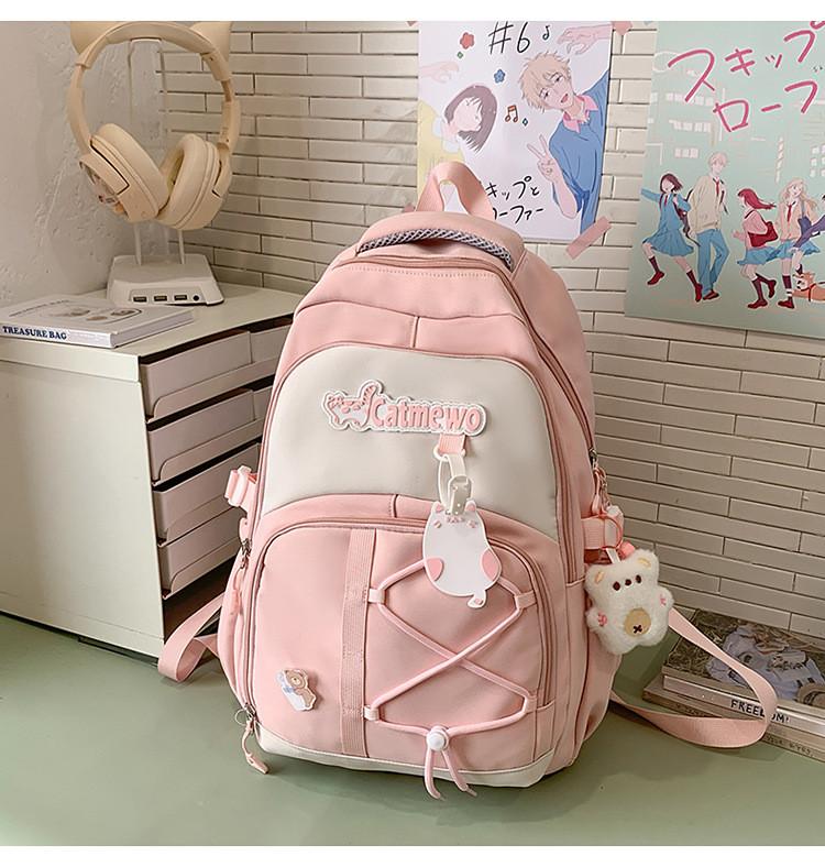 Fashionable Blocked Color Letter Cat Pattern Student Backpack Pendant With