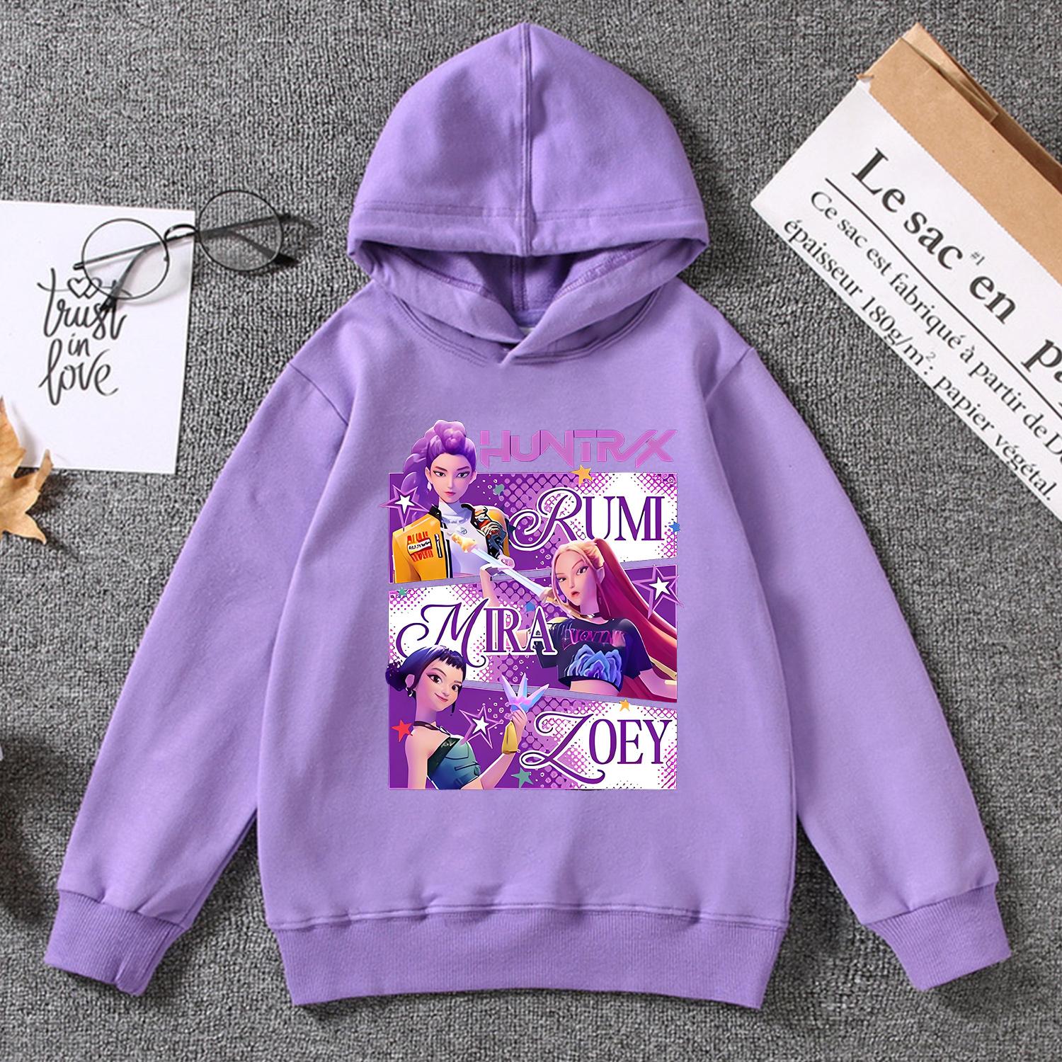 

Худи K-Pop «Охотники на демонов» для детей, милая мультяшная одежда, модное фиолетовое худи, аниме, тонкий свитшот, топы, детский подарок 120