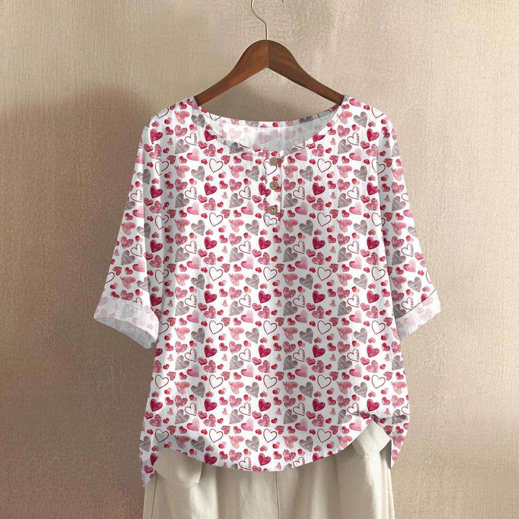 Damska casualowa bluzka z bawełny i lnu, z krótkim rękawem, okrągłym dekoltem i nadrukiem walentynkowym