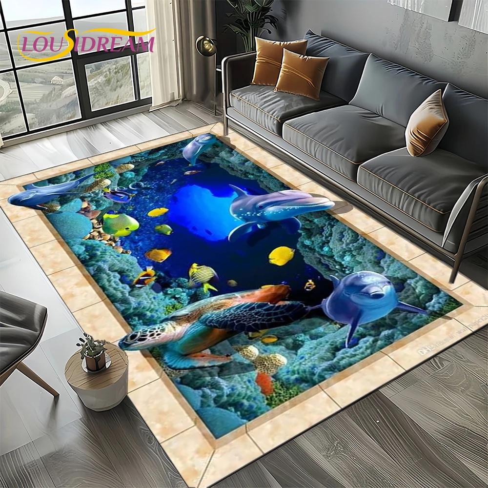 Underwater World 3D Illusion Seabed Cartoon Shark Dolphin Carpet Rug for Living Room Bedroom Home Sofa Decoration,Floor Mat Kid