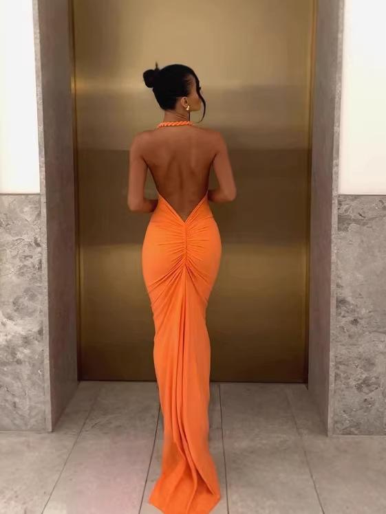 Rochie Maxi Bodycon Ruched Fără Spate cu Gât Legat, pentru Femei, Primăvară/Vară 2026, pentru Vacanță și Plajă.