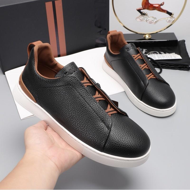 Mens Genuine Leather Slip-On Casual Sneakers Low-Cut Breathable Lightweight Comfortable Everyday Shoes