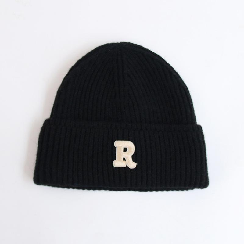 Wool hat women's autumn and winter new letter R standard knitted hat flanged ear protection warm Internet celebrity cold hat tide