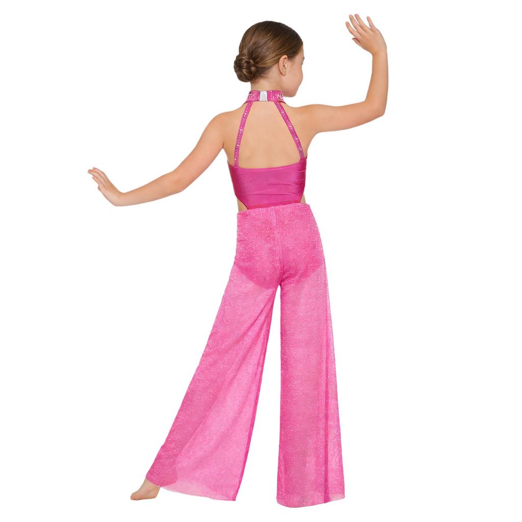 Tuta Larga da Ragazza Scollo all'Americana Senza Maniche Rucherata Rete Davanti Schiena con Laccetti Strass Costume da Ballo