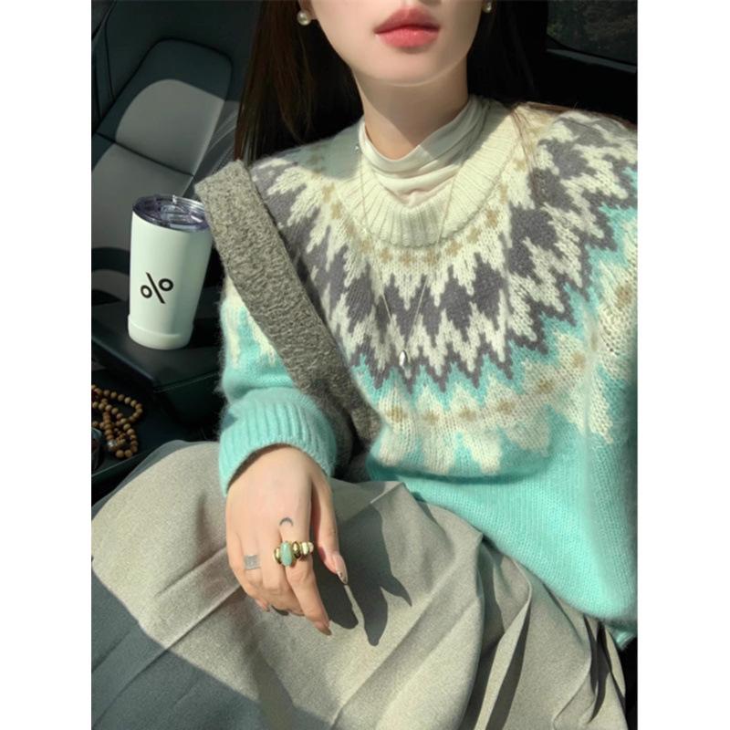 

Women s Korean Style Fair Isle Sweater - Autumn/Winter Loose Fit Round Neck Knit Pullover Medium