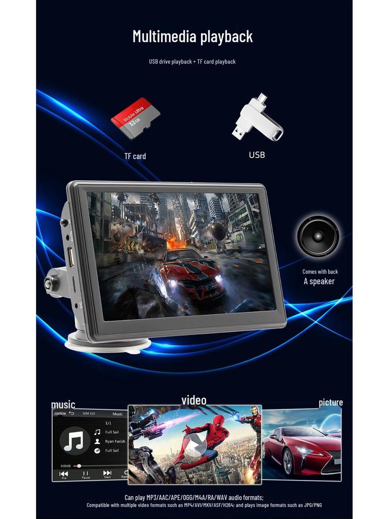 7" Portable Car Bluetooth MP5 Player with Android Auto, Rear View, Apple CarPlay, and Reversing Screen