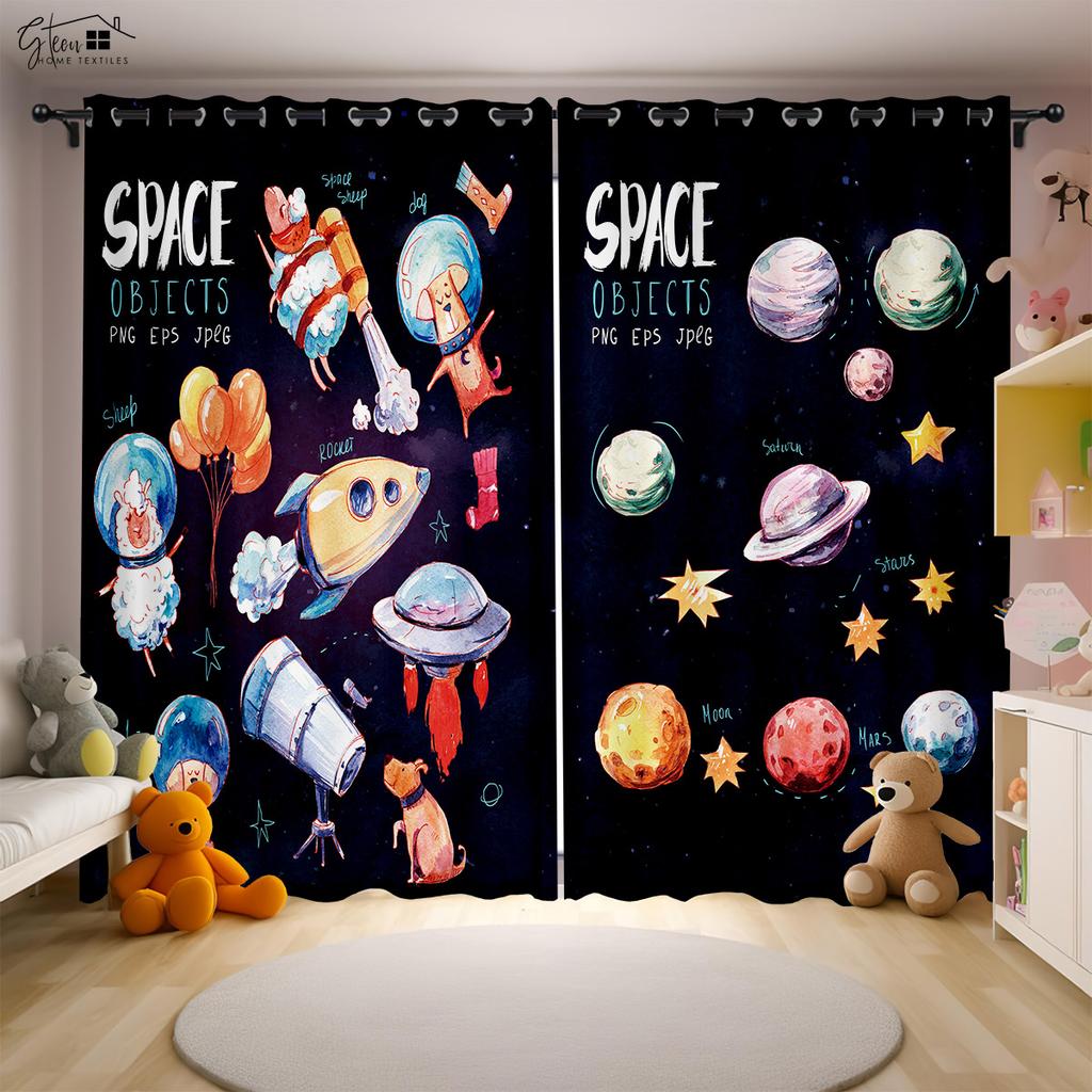 Cartoon Universe Curtains Astronaut Spaceship Rocket Moon Alien Children's Room Children's Bedroom 3D Printing Curtains 2PCS