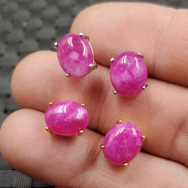 Peach Blossom Jade Cabochon Earrings - Pink Quartzite Jade Oval Ear Pendants Gold Version
