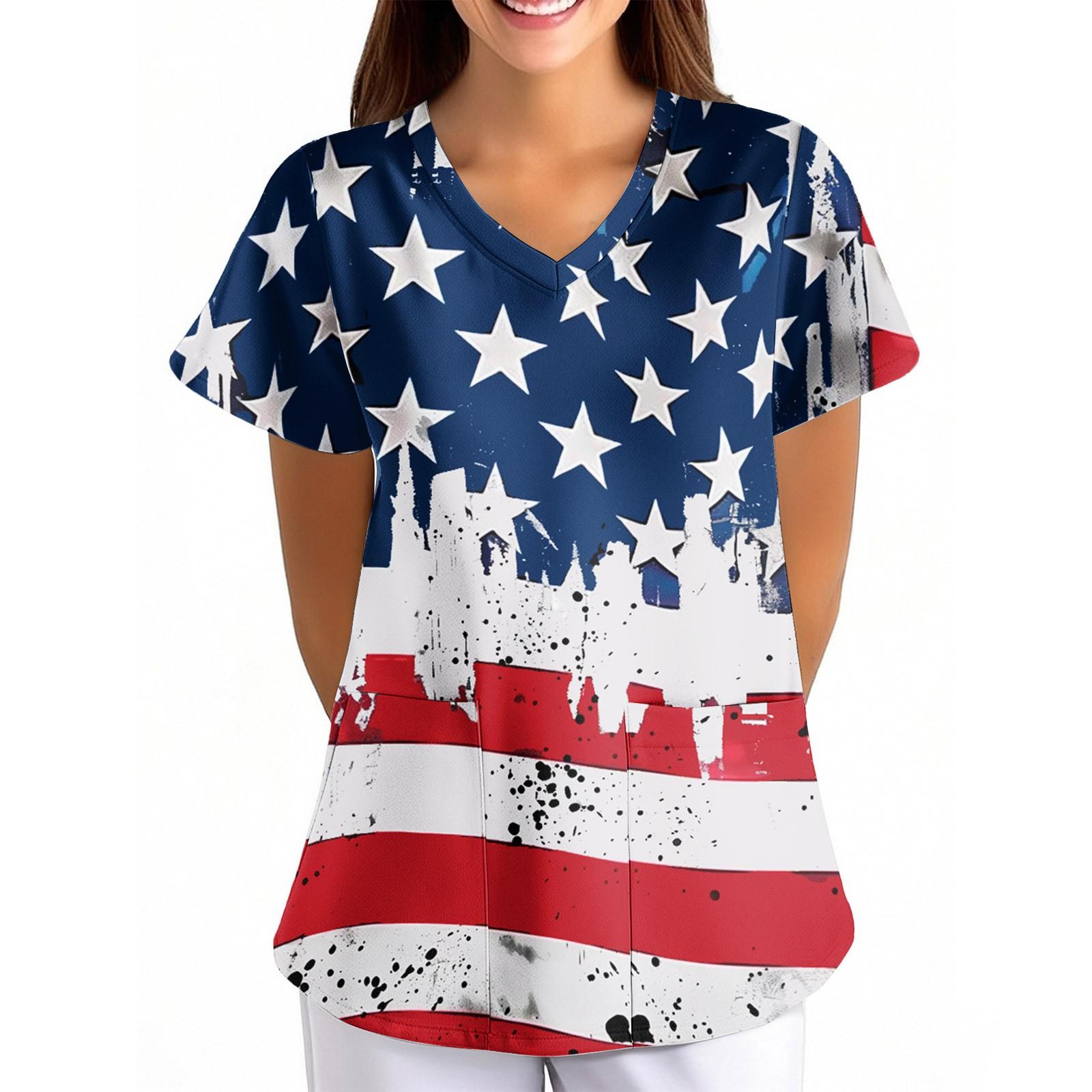 

Women s Independence Day Printed Loose V-Neck Pocket Short Sleeve Uniform Uniform L винний
