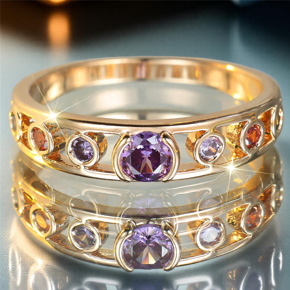 Cute Female Rainbow Zircon Stone Ring Gold Color Engagement Charm Wedding Jewelry For Women