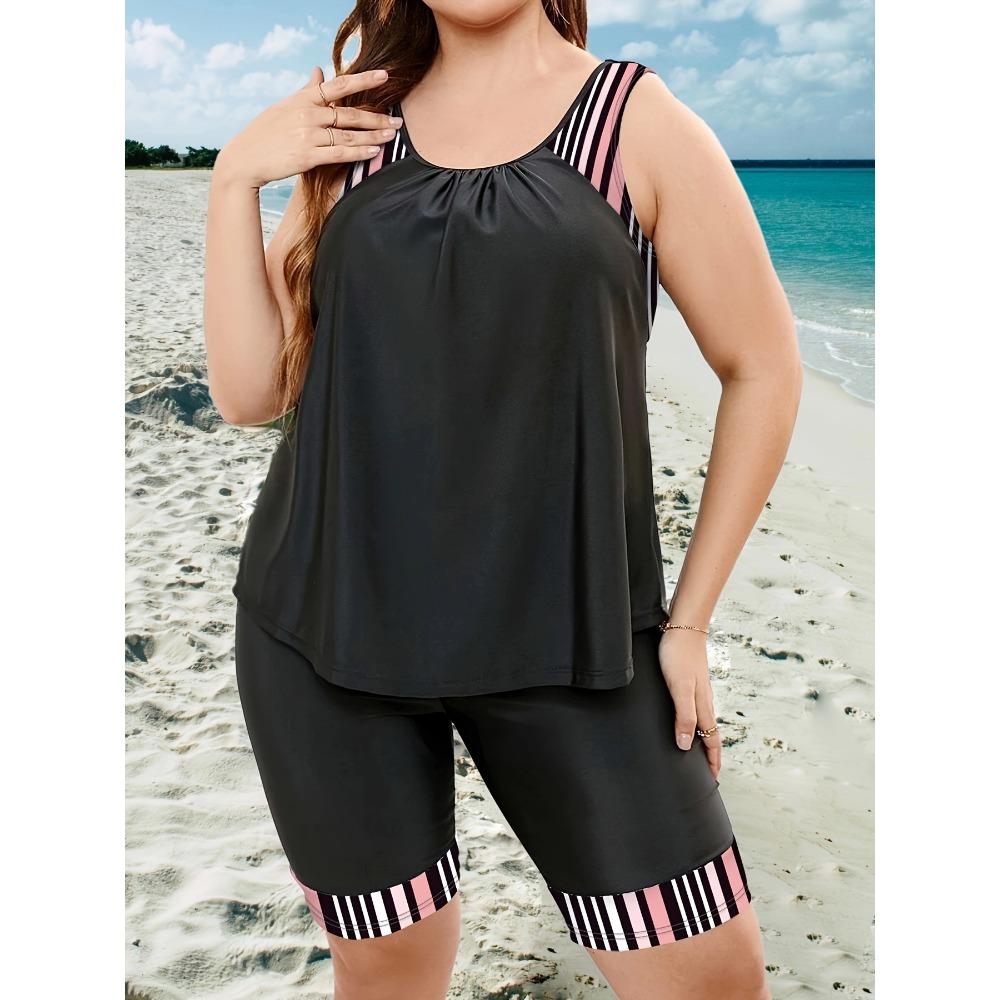 Plus Size Modest Tankini Set, Women's Plus Graphic Print Round Neck Tank Top & Shorts Swimsuit 2 Piece Set