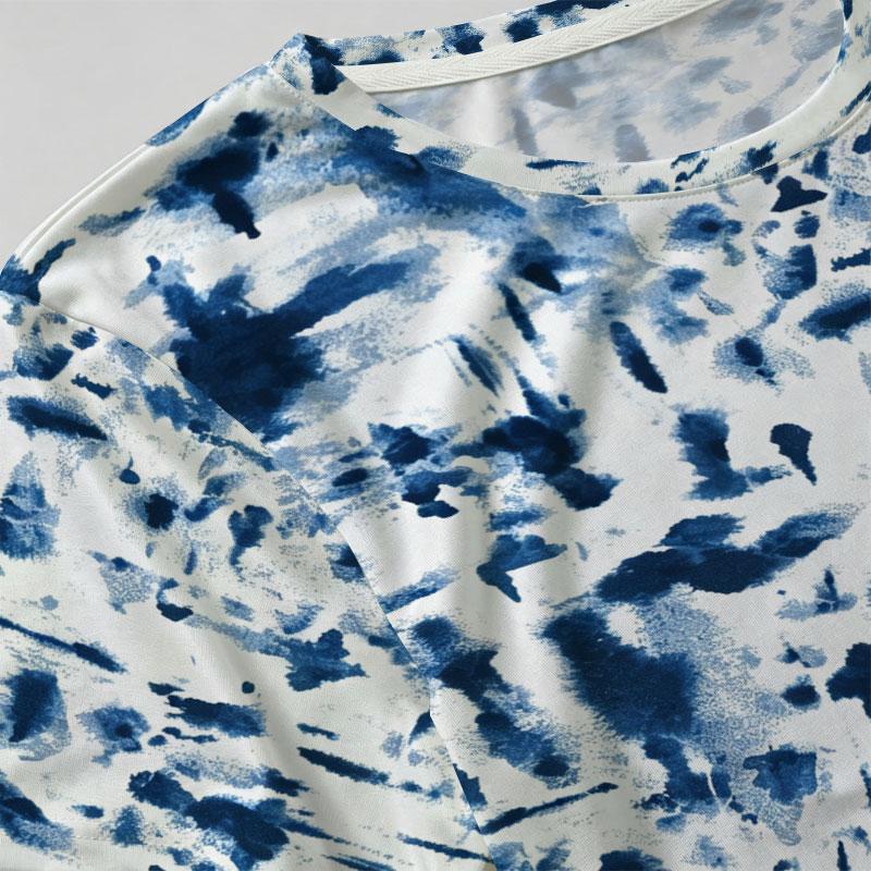 Women's Basic Short Sleeve Tee, Blue & White Tie-Dye, Soft Casual Top for Beach, Daily Wear & Coffee Shop