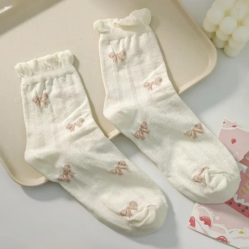 Simple White Socks Versatile Lovely Bowknot Small Flowers Women's Medium Tube Socks kawaii Harajuku jk Lolita Girls Cotton