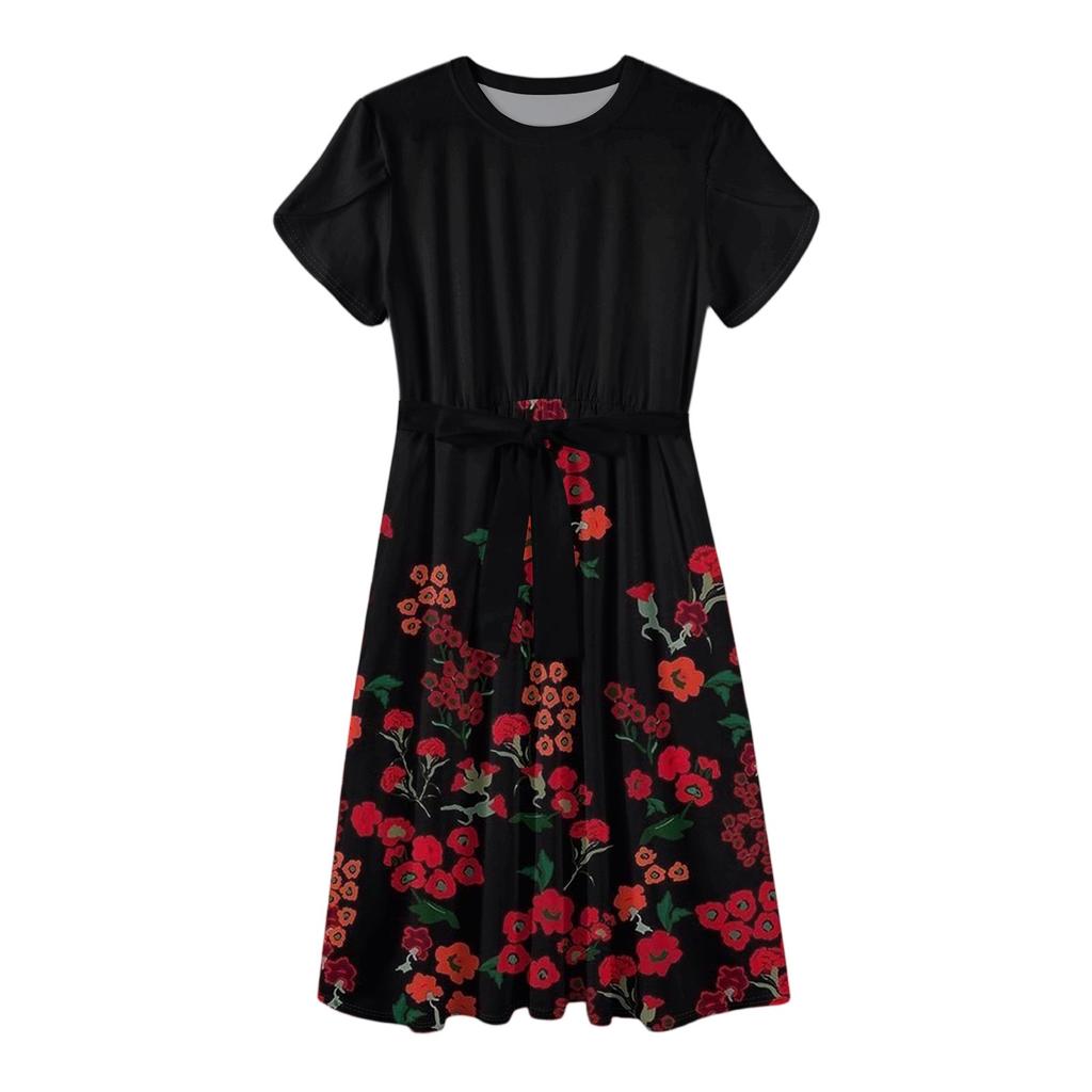 Women's Casual Cute Pattern Print Round Neck Midi Dress Basic Classic Outdoor Everyday Short Sleeve Loose Dress