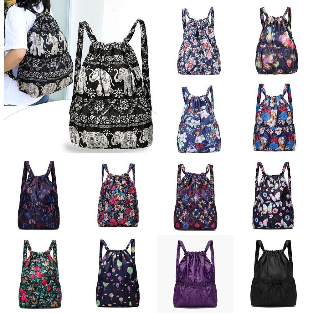 Floral Printed Drawstring Bag Polyester Large Capacity Portable Shopping Bag Lightweight Waterproof Travel Bag Teenage Girls