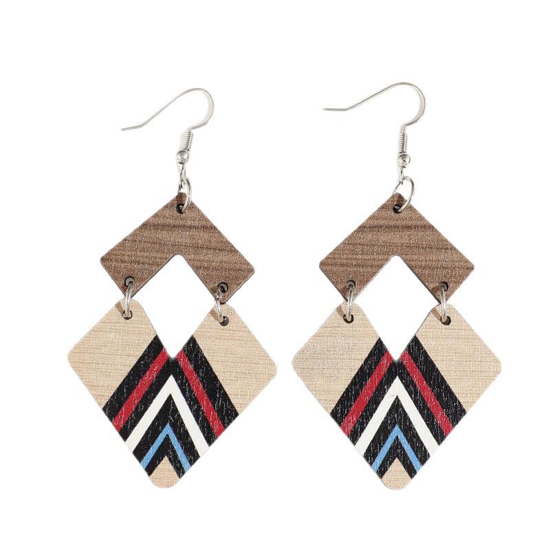 European Retro Diamond Patchwork Two-Tone Wooden Ethnic Earrings