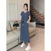 2025 Summer New Stripe Dress Short Sleeve Round Neck Pullover Loose Drawstring Slimming Versatile Casual Long Skirt