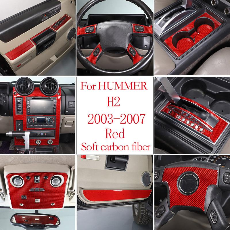Red Soft Carbon Fiber Door Handle Steering Wheel Gear Shift Trim Cover Stickers Fit For Hummer H2 2003-2007 Interior Accessories